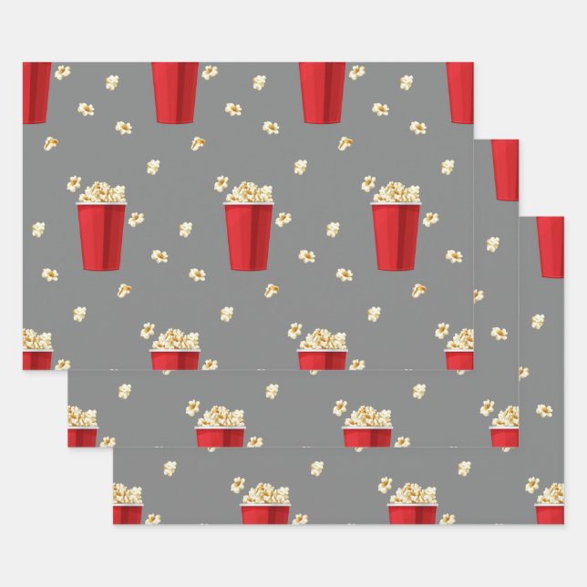 Red Popcorn Buckets Movie Snack Television Film Wrapping Paper Sheet (Set)