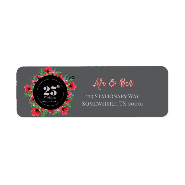 Red Poppies 25th Wedding Anniversary Address Return Address Label (Front)