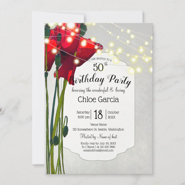 Red Poppies 50th Birthday Party | Grey Invitation (Front)