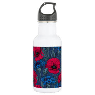 Red poppies and blue cornflowers on blue 532 ml water bottle