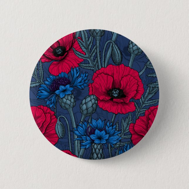 Red poppies and blue cornflowers on blue 6 cm round badge (Front)