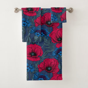 Red poppies and blue cornflowers on blue bath towel set