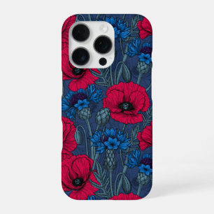 Red poppies and blue cornflowers on blue iPhone 16 pro case