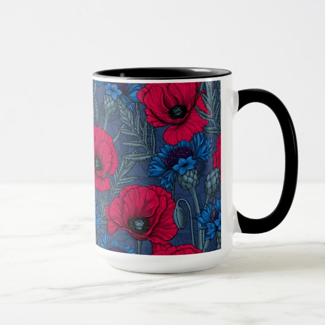 Red poppies and blue cornflowers on blue mug (Right)
