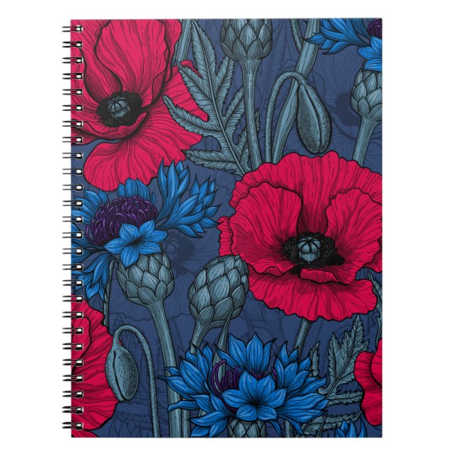 Red poppies and blue cornflowers on blue notebook (Front)