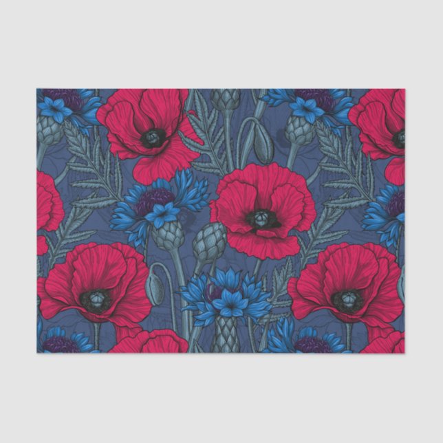Red poppies and blue cornflowers on blue tissue paper (Front)