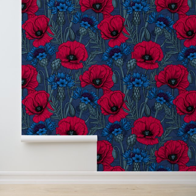 Red poppies and blue cornflowers on blue wallpaper (Application)