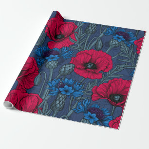Red poppies and blue cornflowers on blue wrapping paper
