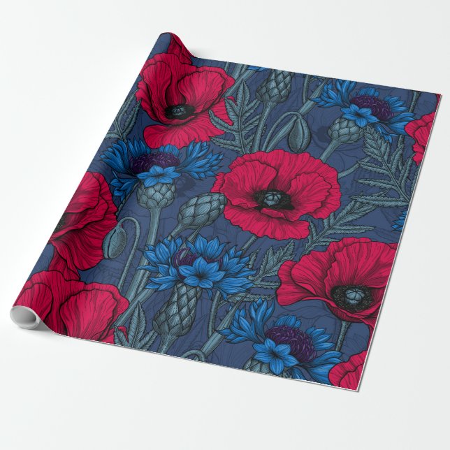Red poppies and blue cornflowers on blue wrapping paper (Unrolled)