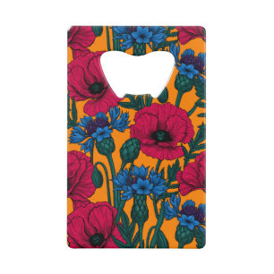 Red poppies and blue cornflowers on orange