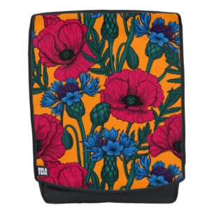 Red poppies and blue cornflowers on orange backpack