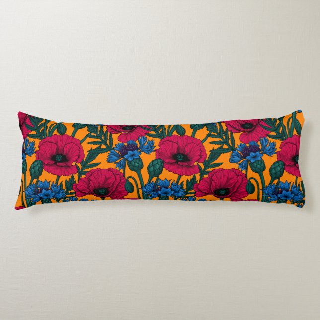 Red poppies and blue cornflowers on orange body cushion (Front)