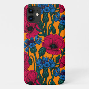 Red poppies and blue cornflowers on orange iPhone 11 case