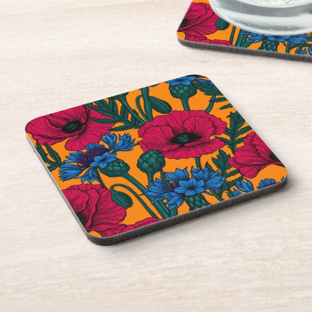 Red poppies and blue cornflowers on orange coaster (Left Side)