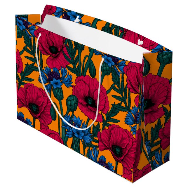 Red poppies and blue cornflowers on orange large gift bag (Back Angled)