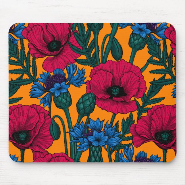 Red poppies and blue cornflowers on orange mouse pad (Front)