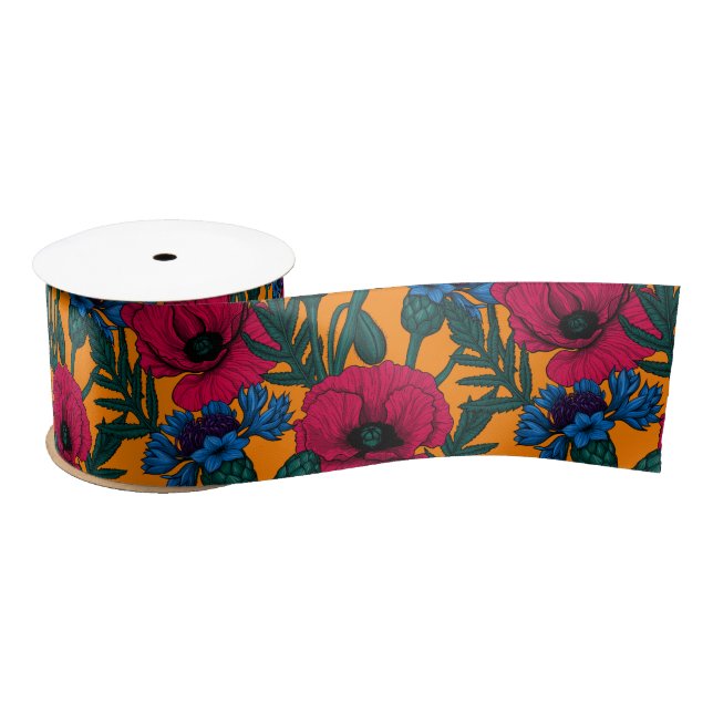 Red poppies and blue cornflowers on orange satin ribbon (Spool)