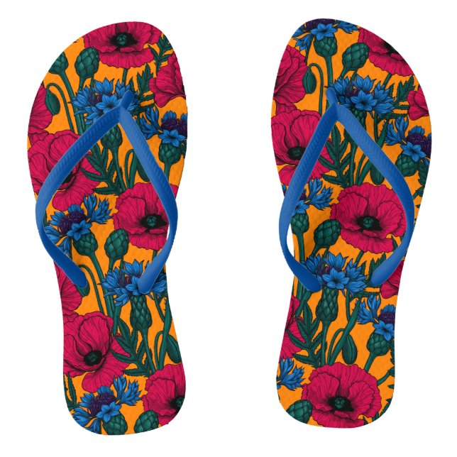 Red poppies and blue cornflowers on orange thongs (Footbed)