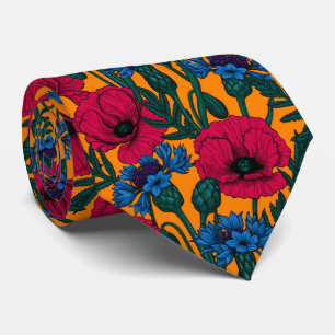 Red poppies and blue cornflowers on orange tie