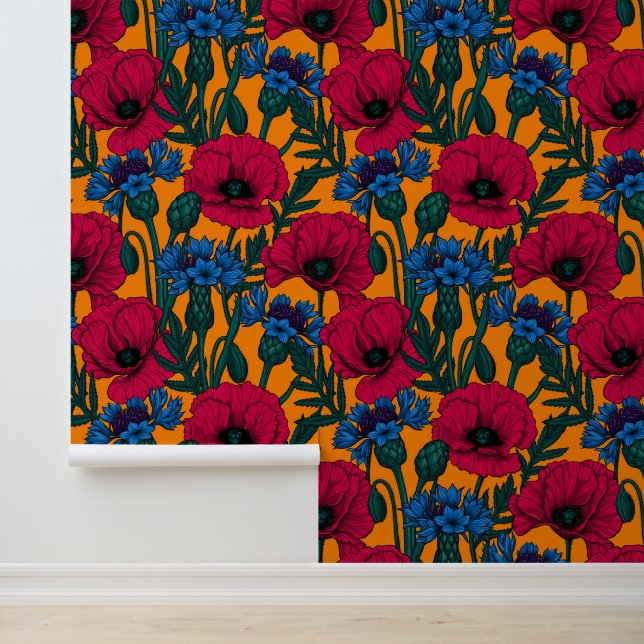 Red poppies and blue cornflowers on orange wallpaper (Application)