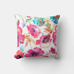 Red poppies and blue flowers with butterflies, wat cushion