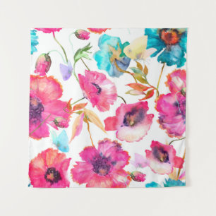 Red poppies and blue flowers with butterflies, wat tapestry