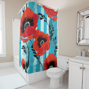 Red Poppies and blue stripes Shower Curtain