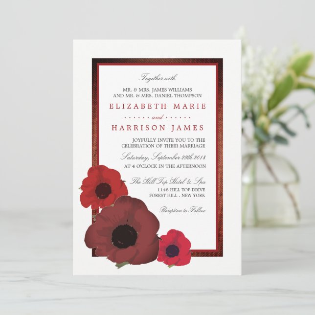 Red Poppies and Burlap Wedding Invitation (Standing Front)