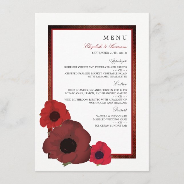 Red Poppies and Burlap Wedding Menu (Front)