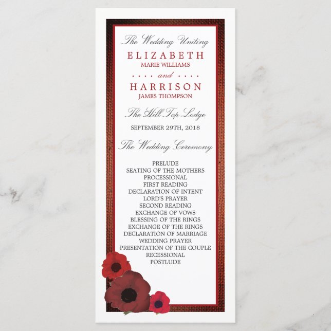 Red Poppies and Burlap Wedding Program (Front)