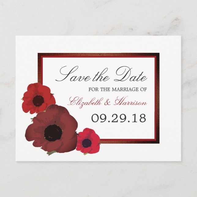 Red Poppies and Burlap Wedding Save The Date Announcement Postcard (Front)