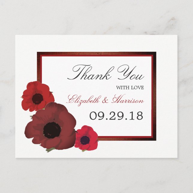 Red Poppies and Burlap Wedding Thank You Postcard (Front)