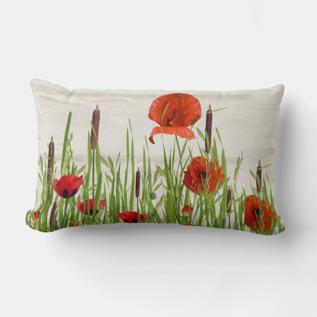 red poppies and cattails lumbar cushion (Front)