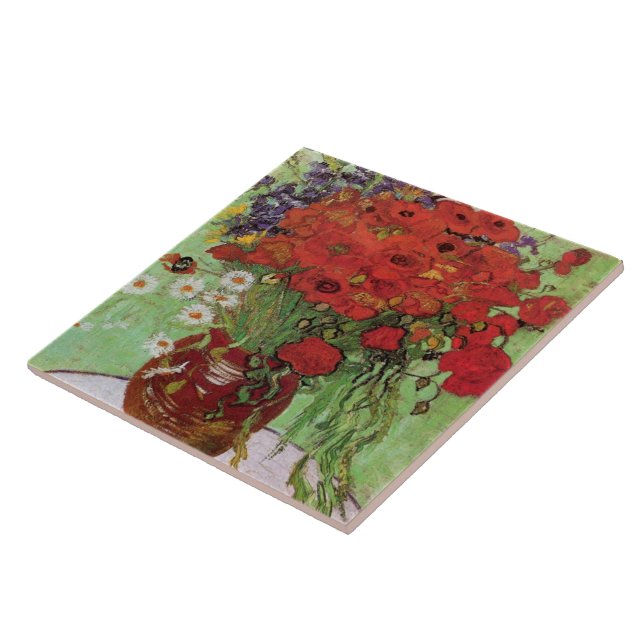 Red Poppies and Daisies By Vincent Van Gogh Ceramic Tile (Side)