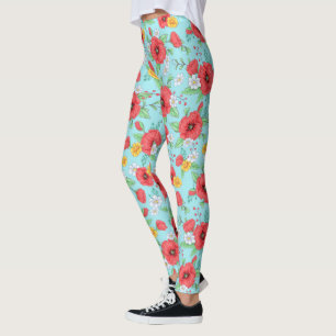 Red poppies and daisies modern floral pattern leggings
