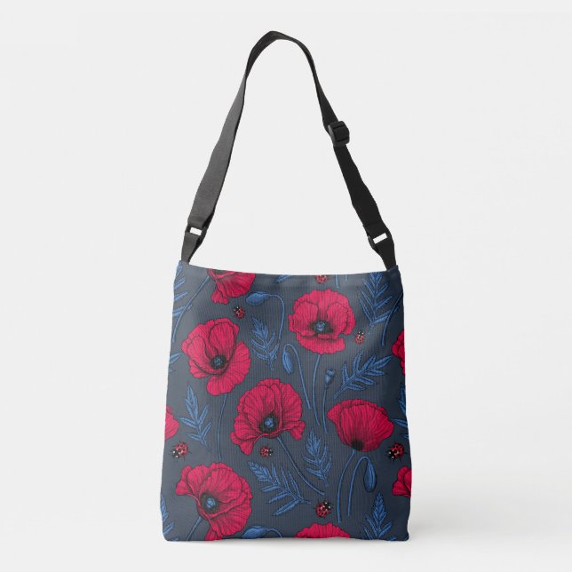 Red poppies and ladybugs on dark blue crossbody bag (Back)