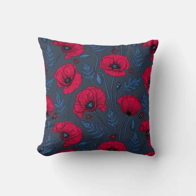 Red poppies and ladybugs on dark blue cushion (Front)
