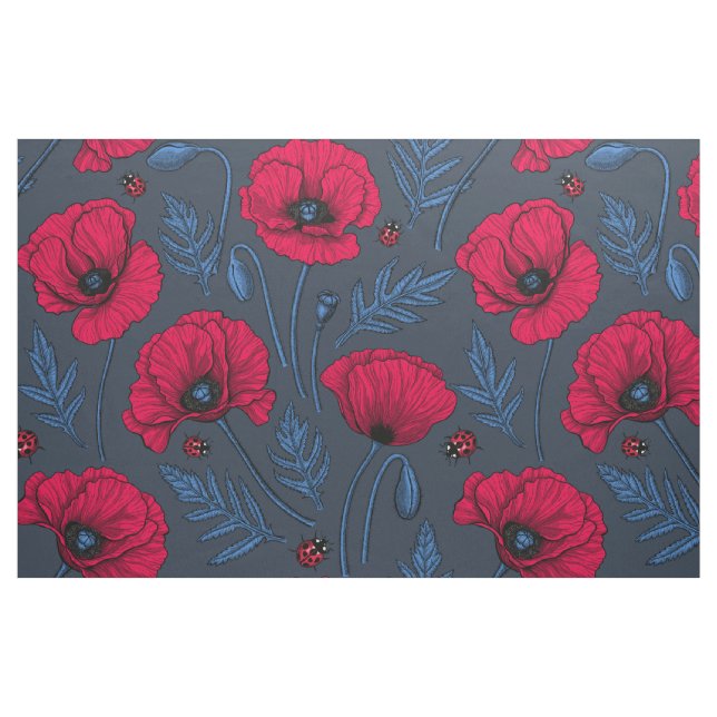 Red poppies and ladybugs on dark blue fabric (Fat Quarter)