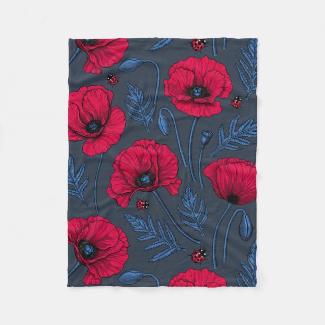 Red poppies and ladybugs on dark blue fleece blanket (Front)