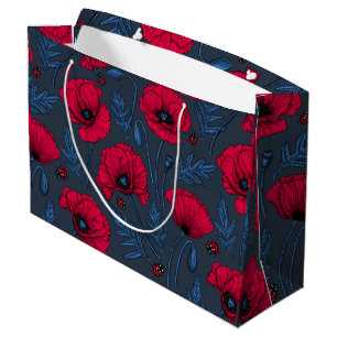 Red poppies and ladybugs on dark blue large gift bag