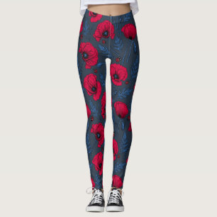 Red poppies and ladybugs on dark blue leggings