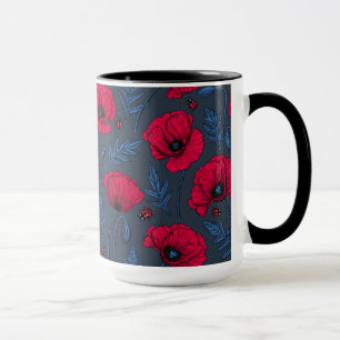 Red poppies and ladybugs on dark blue mug