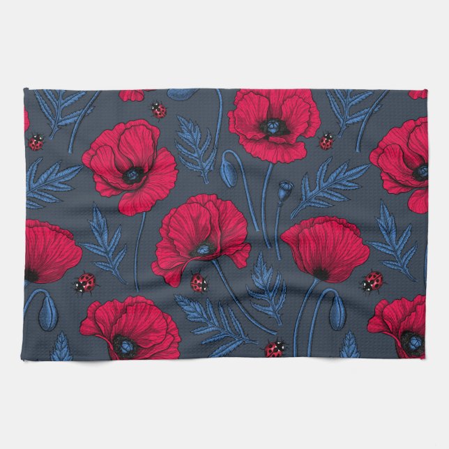 Red poppies and ladybugs on dark blue tea towel (Horizontal)
