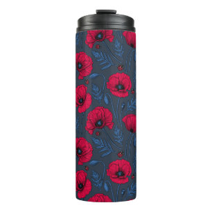 Red poppies and ladybugs on dark blue thermal tumb tumbler