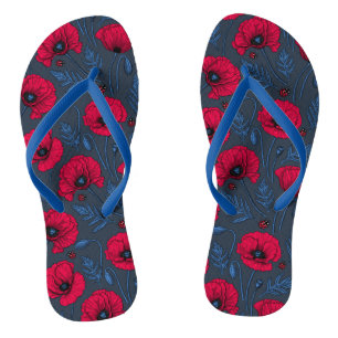 Red poppies and ladybugs on dark blue thongs
