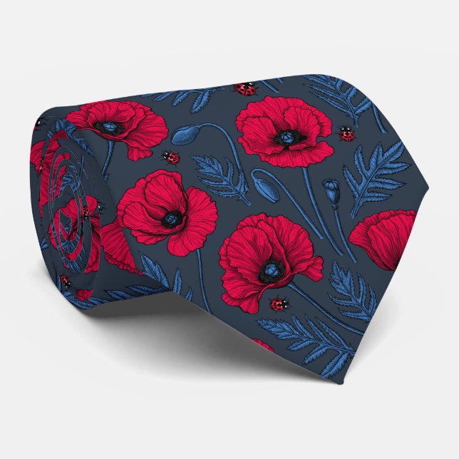 Red poppies and ladybugs on dark blue tie (Rolled)
