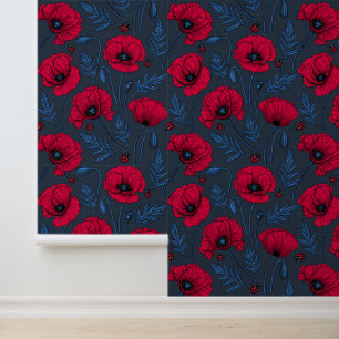 Red poppies and ladybugs on dark blue wallpaper