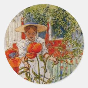 Red Poppies and Little Girl Classic Round Sticker