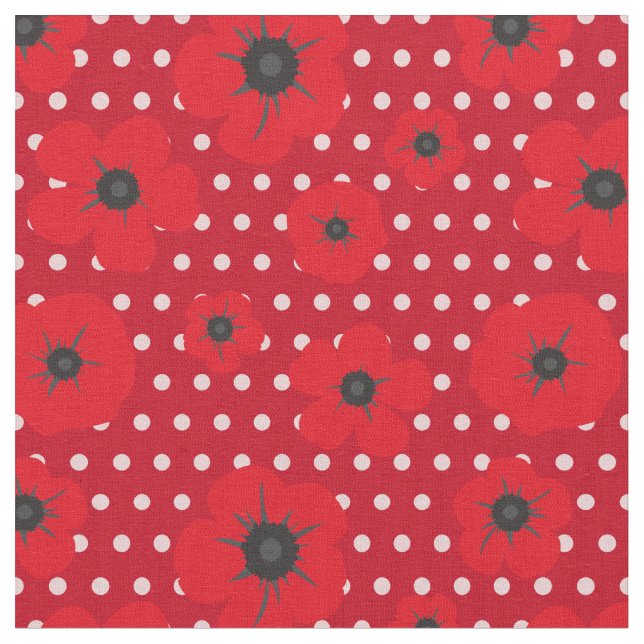 Red Poppies and Polka Dots Pattern Fabric (Close Up)