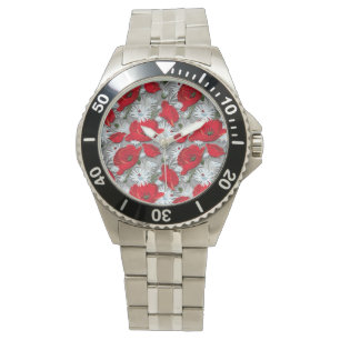 Red poppies and white daisies floral pattern watch